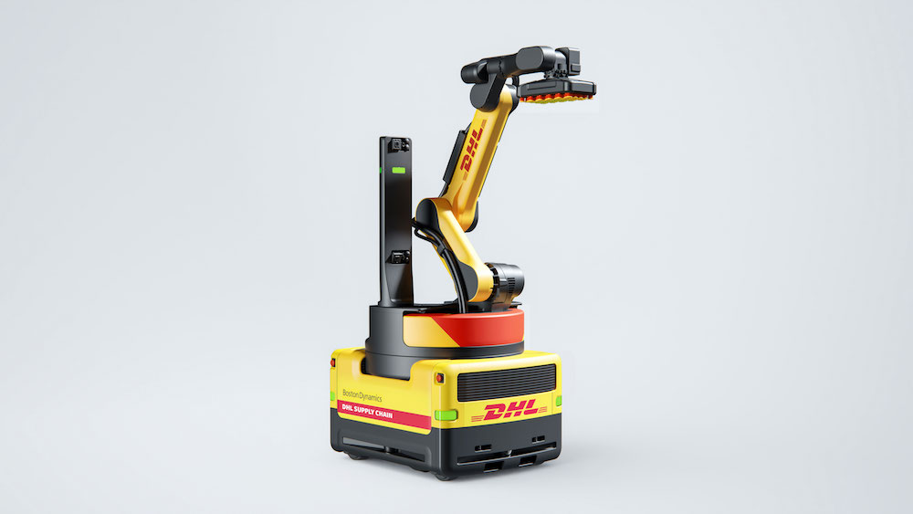 a Boston Dynamics Stretch robot covered with a DHL livery